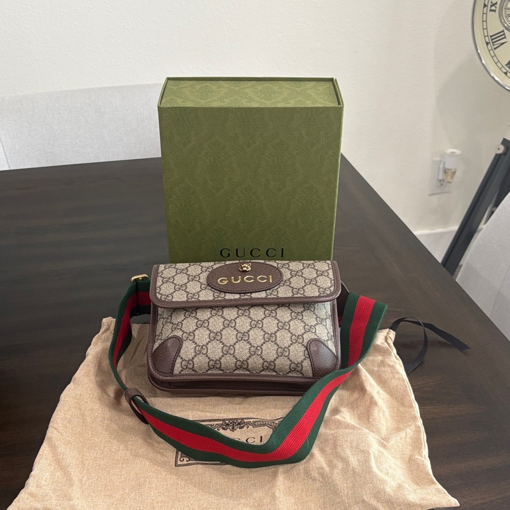 Gucci GG Supreme Canvas Crossbody Bag with Web Strap - Brown/Tan/Green/Red